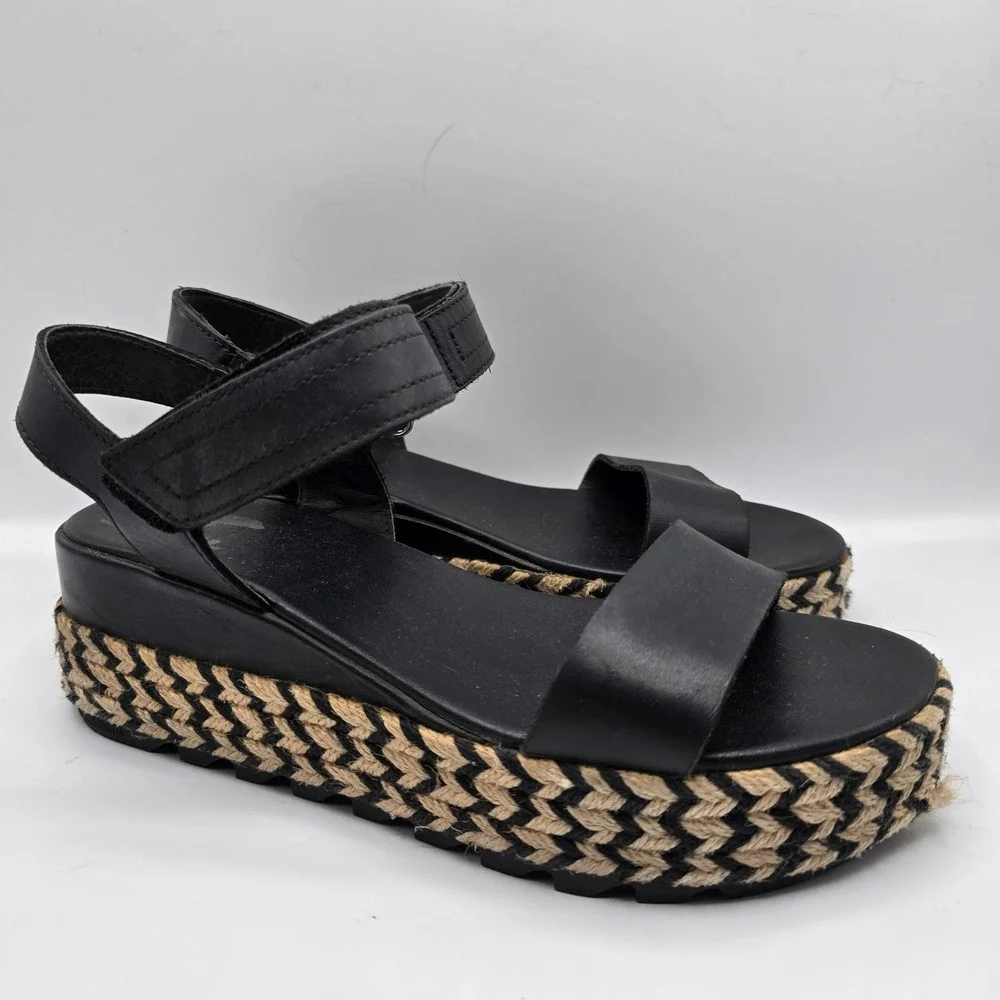 Sorel‎ Black Leather Espadrille Flatform Ankle Strap Platform Sandals 7.5